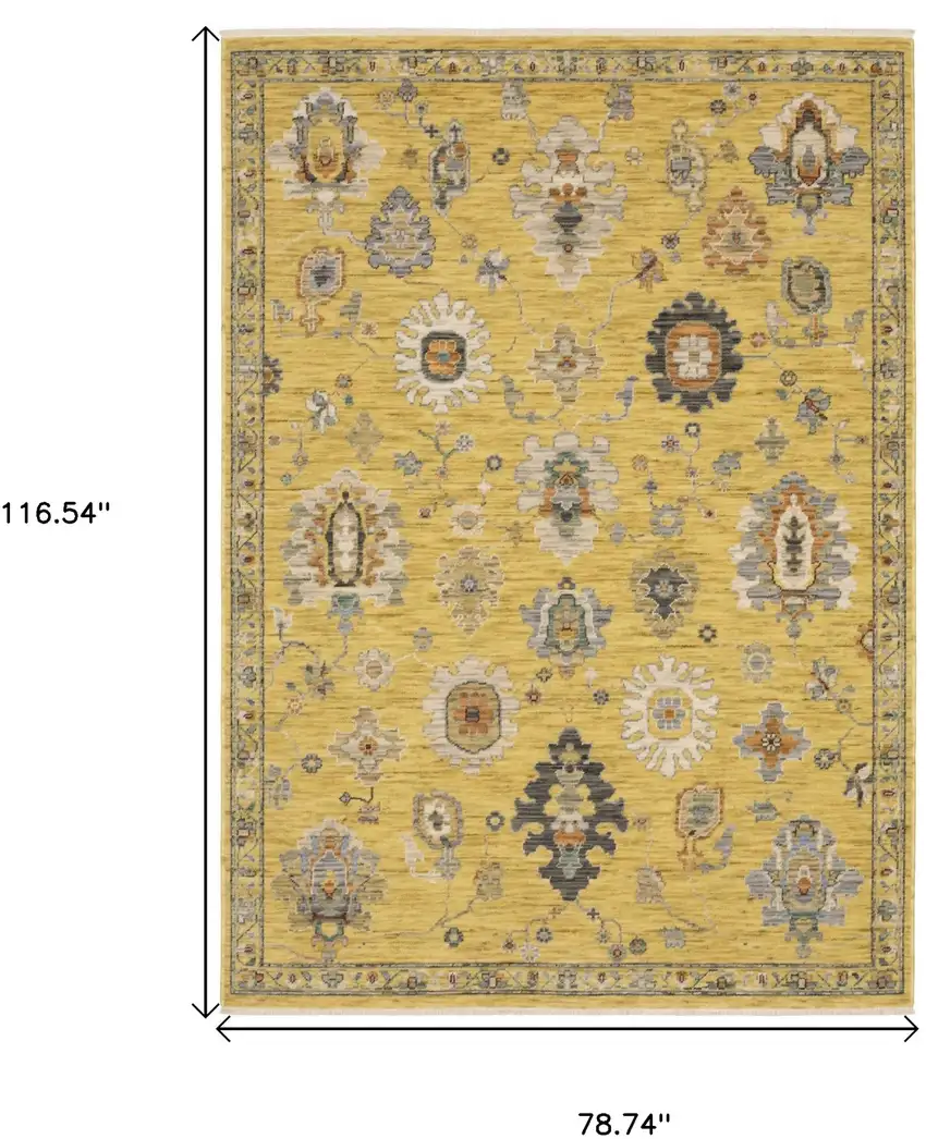 Yellow Ivory And Black Oriental Area Rug With Fringe Photo 3