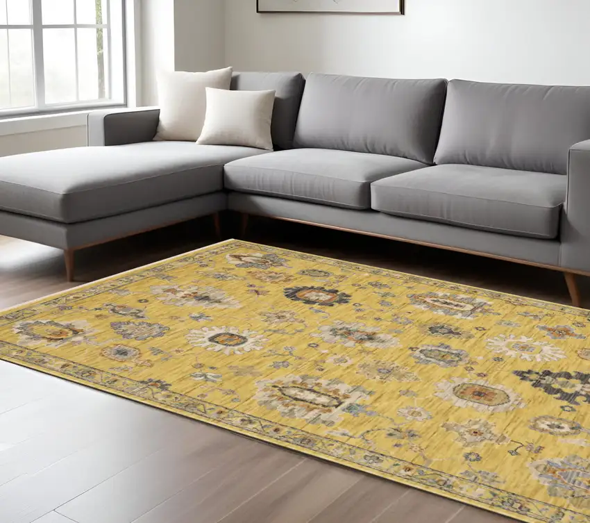 Yellow Ivory And Black Oriental Area Rug With Fringe Photo 1