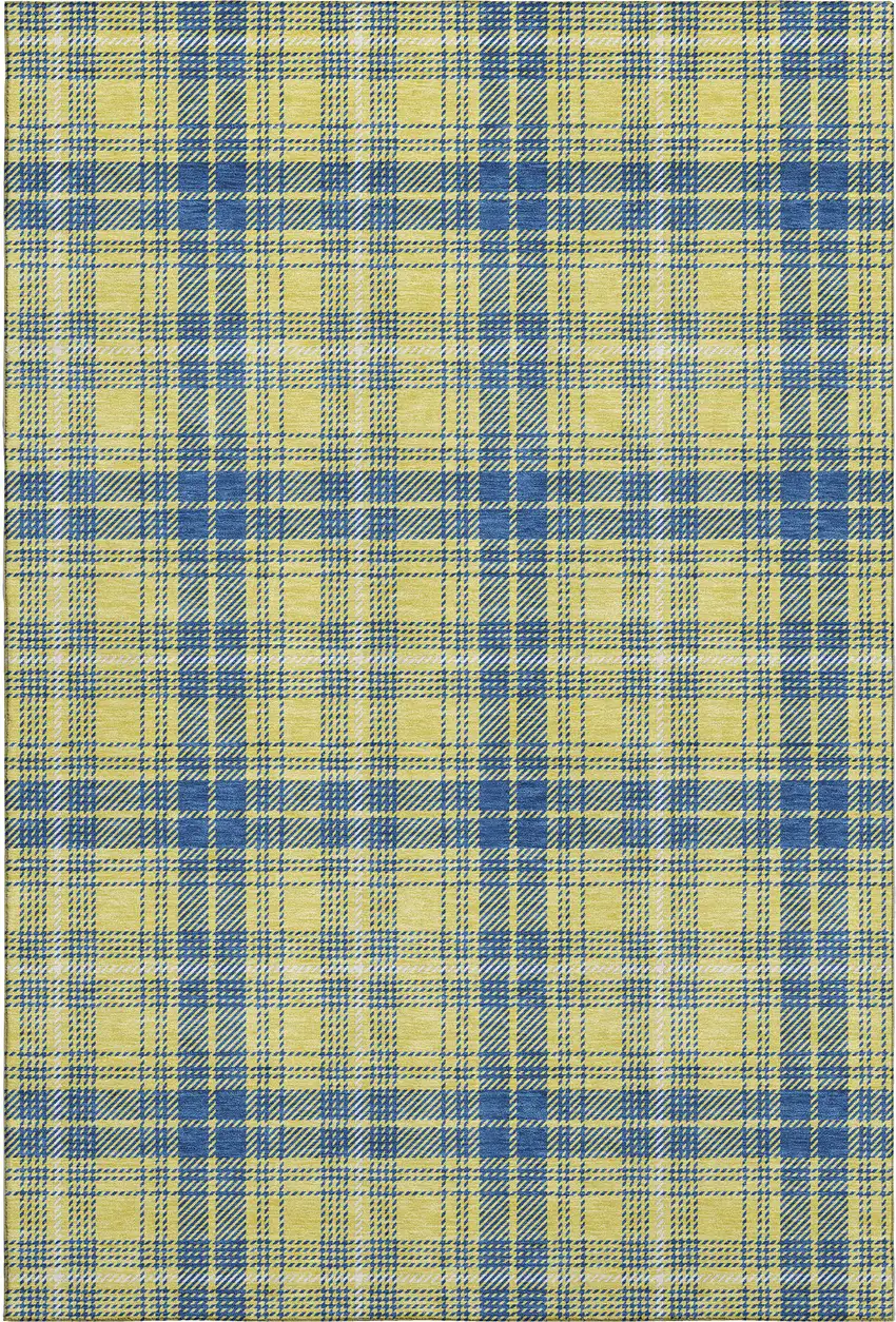 Yellow Ivory And Blue Plaid Washable Area Rug With UV Protection Photo 1