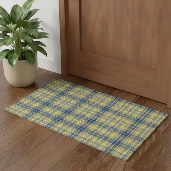 Yellow Ivory And Blue Plaid Washable Area Rug With UV Protection Photo 1