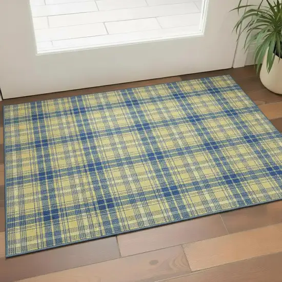 Yellow Ivory And Blue Plaid Washable Area Rug With UV Protection Photo 2