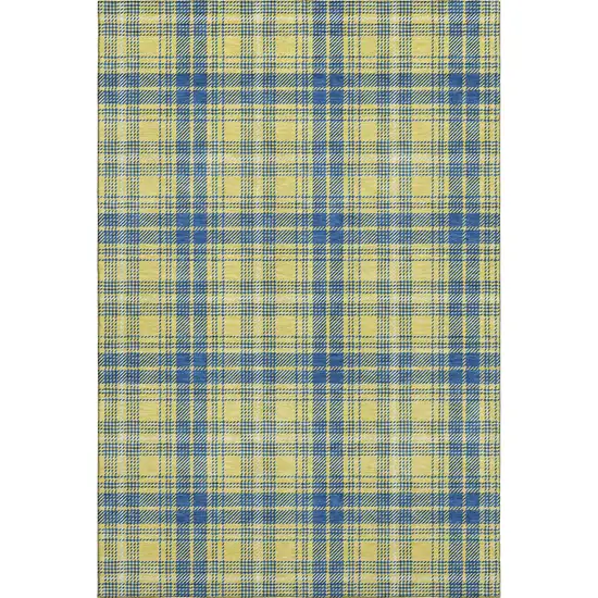 Yellow Ivory And Blue Plaid Washable Area Rug With UV Protection Photo 1