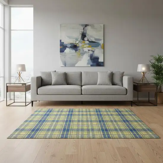 Yellow Ivory And Blue Plaid Washable Area Rug With UV Protection Photo 2