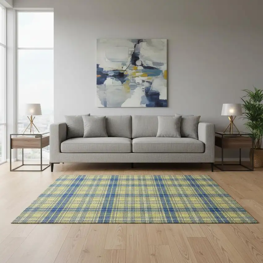 Yellow Ivory And Blue Plaid Washable Area Rug With UV Protection Photo 2