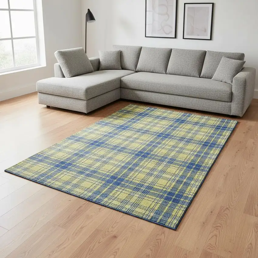 Yellow Ivory And Blue Plaid Washable Area Rug With UV Protection Photo 2