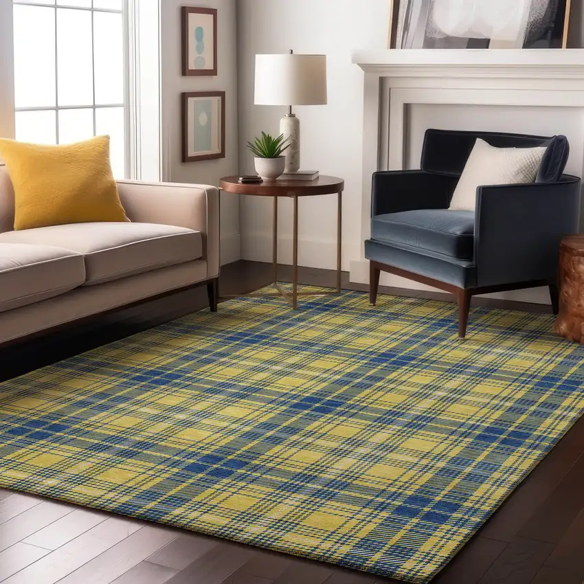 Yellow Ivory And Blue Plaid Washable Area Rug With UV Protection Photo 4
