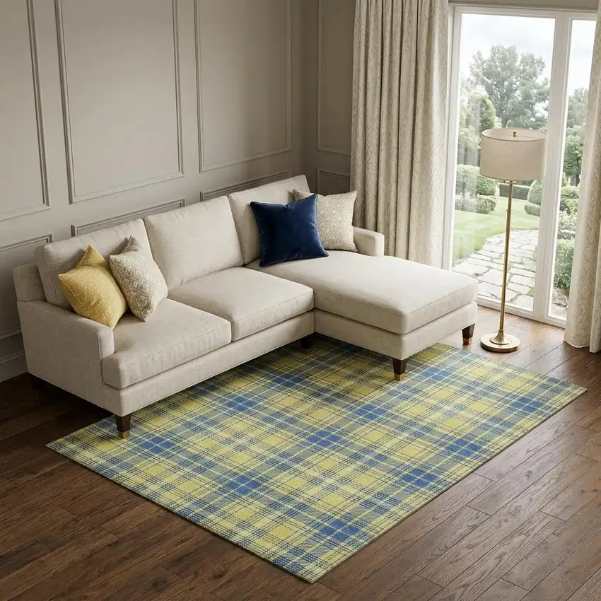 Yellow Ivory And Blue Plaid Washable Area Rug With UV Protection Photo 1