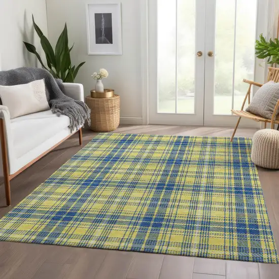 Yellow Ivory And Blue Plaid Washable Area Rug With UV Protection Photo 5