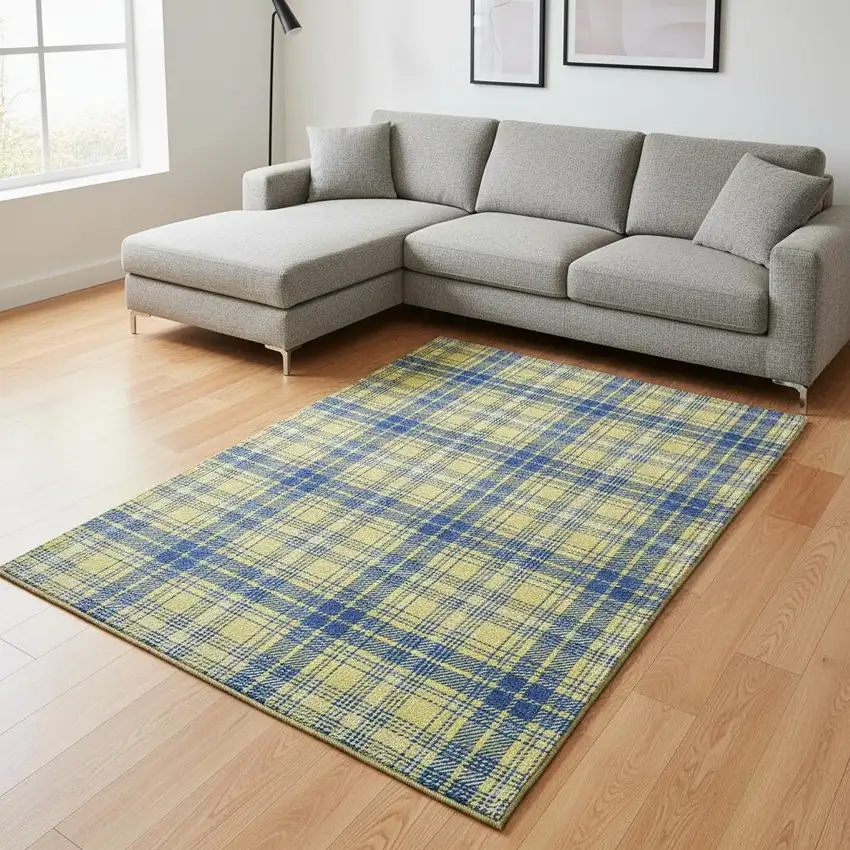 Yellow Ivory And Blue Plaid Washable Area Rug With UV Protection Photo 2