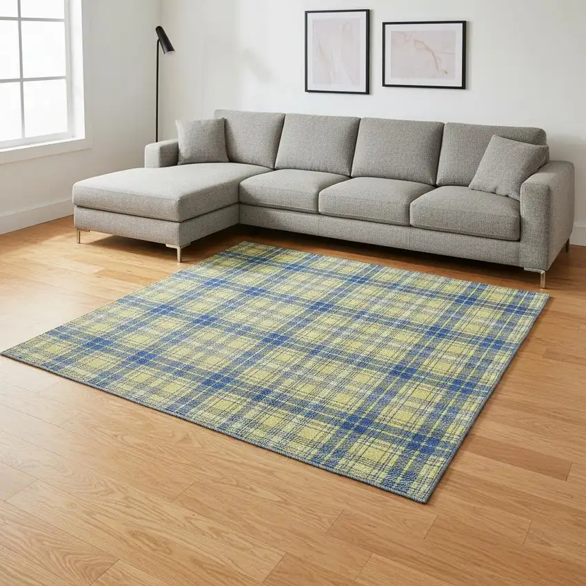 Yellow Ivory And Blue Plaid Washable Area Rug With UV Protection Photo 2