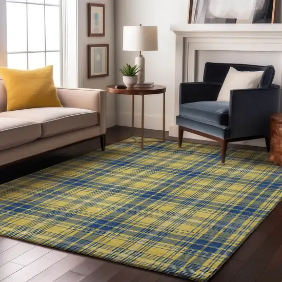 Yellow Ivory And Blue Plaid Washable Area Rug With UV Protection Photo 4