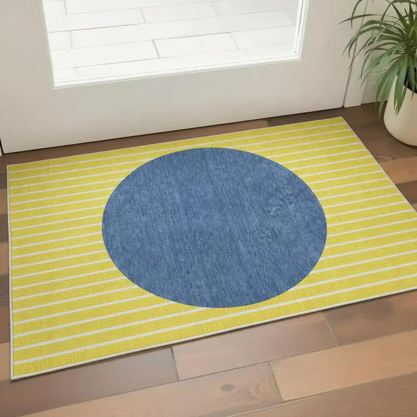 Yellow Ivory And Blue Striped Washable Area Rug With UV Protection Photo 2