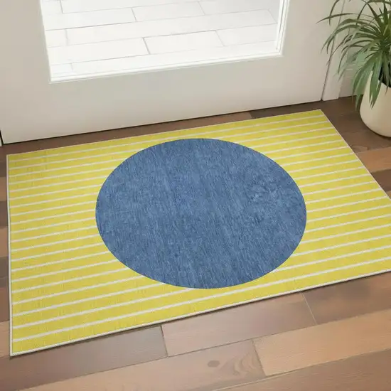 Yellow Ivory And Blue Striped Washable Area Rug With UV Protection Photo 2