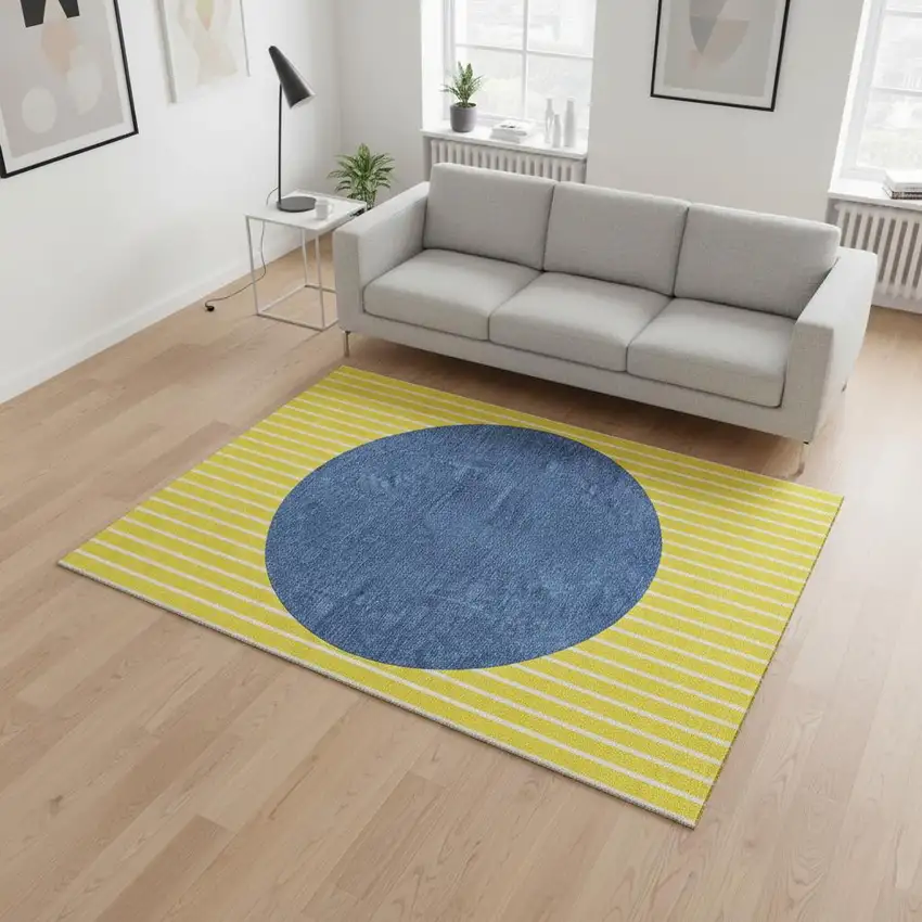 Yellow Ivory And Blue Striped Washable Area Rug With UV Protection Photo 2