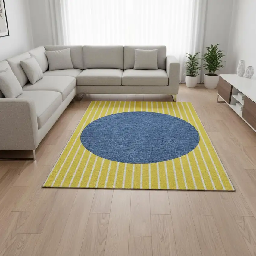 Yellow Ivory And Blue Striped Washable Area Rug With UV Protection Photo 2
