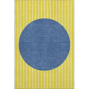 Photo of Yellow Ivory And Blue Striped Washable Area Rug With UV Protection