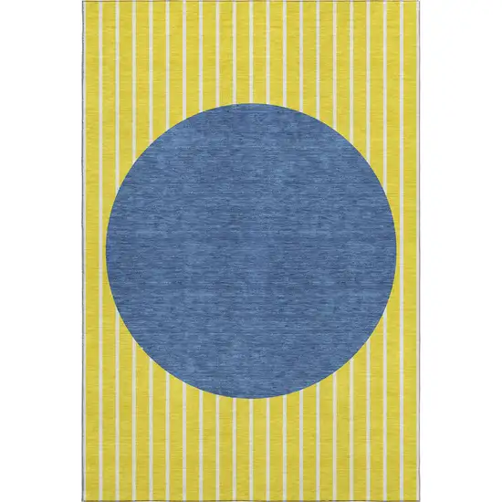 Yellow Ivory And Blue Striped Washable Area Rug With UV Protection Photo 1