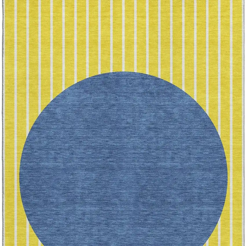 Yellow Ivory And Blue Striped Washable Area Rug With UV Protection Photo 3
