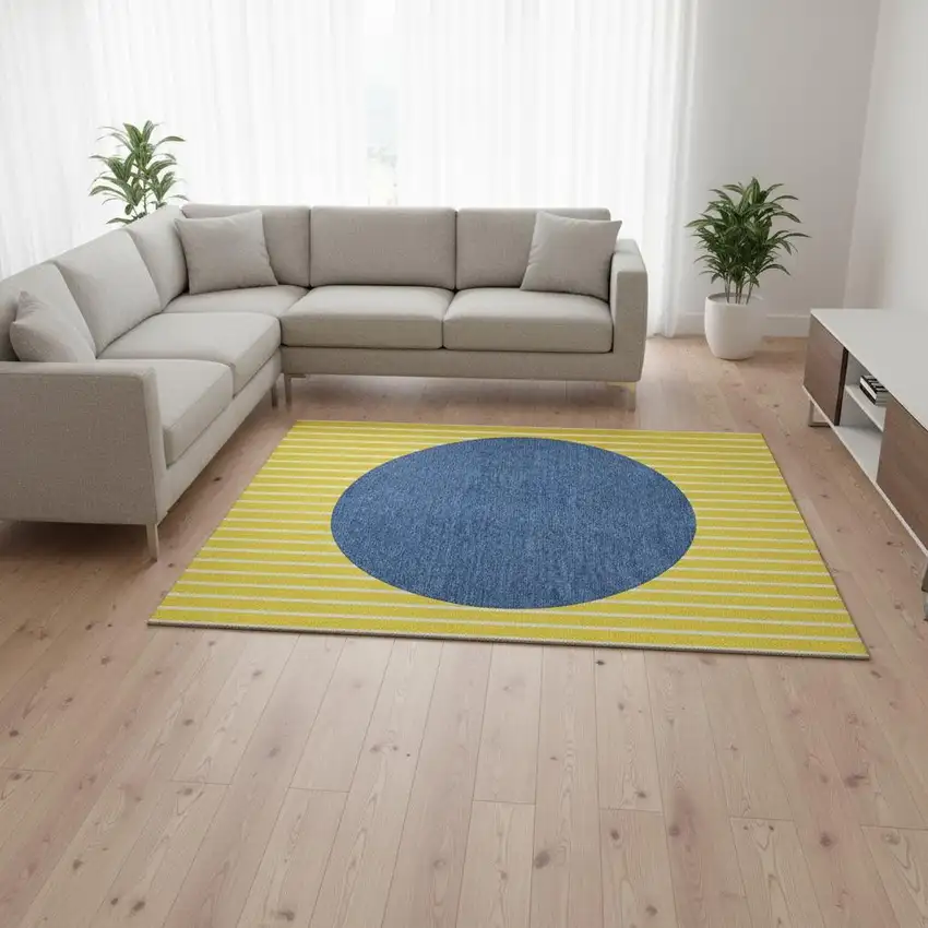 Yellow Ivory And Blue Striped Washable Area Rug With UV Protection Photo 2