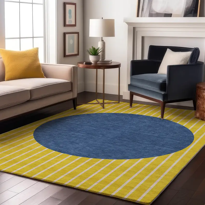 Yellow Ivory And Blue Striped Washable Area Rug With UV Protection Photo 3