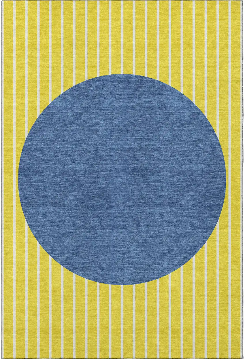 Yellow Ivory And Blue Striped Washable Area Rug With UV Protection Photo 2