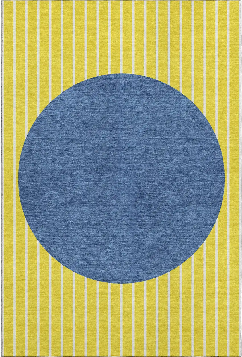 Yellow Ivory And Blue Striped Washable Area Rug With UV Protection Photo 1