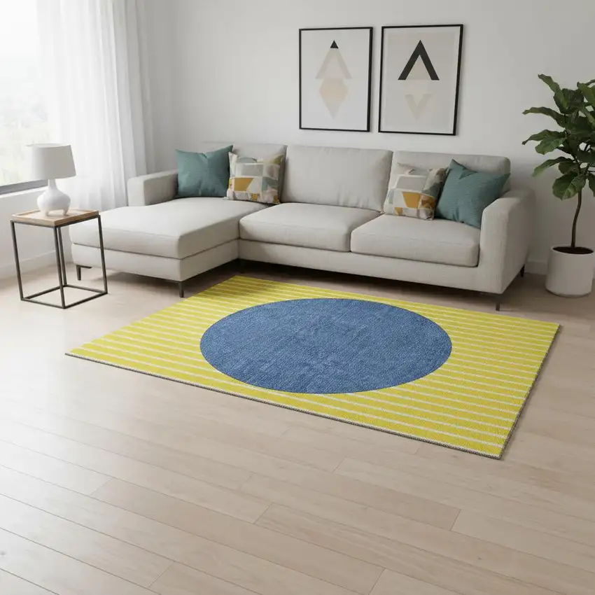 Yellow Ivory And Blue Striped Washable Area Rug With UV Protection Photo 2