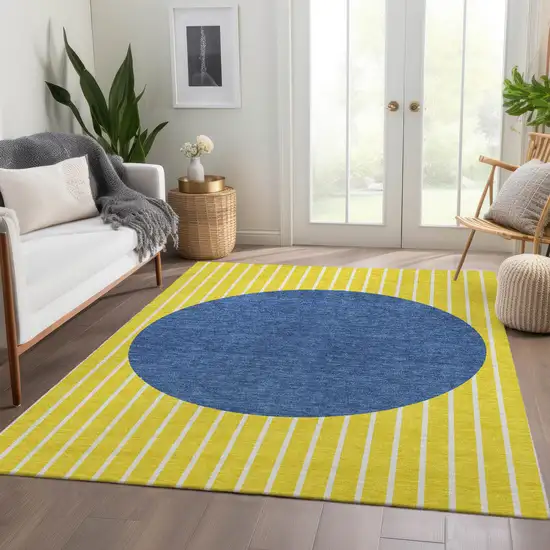 Yellow Ivory And Blue Striped Washable Area Rug With UV Protection Photo 5