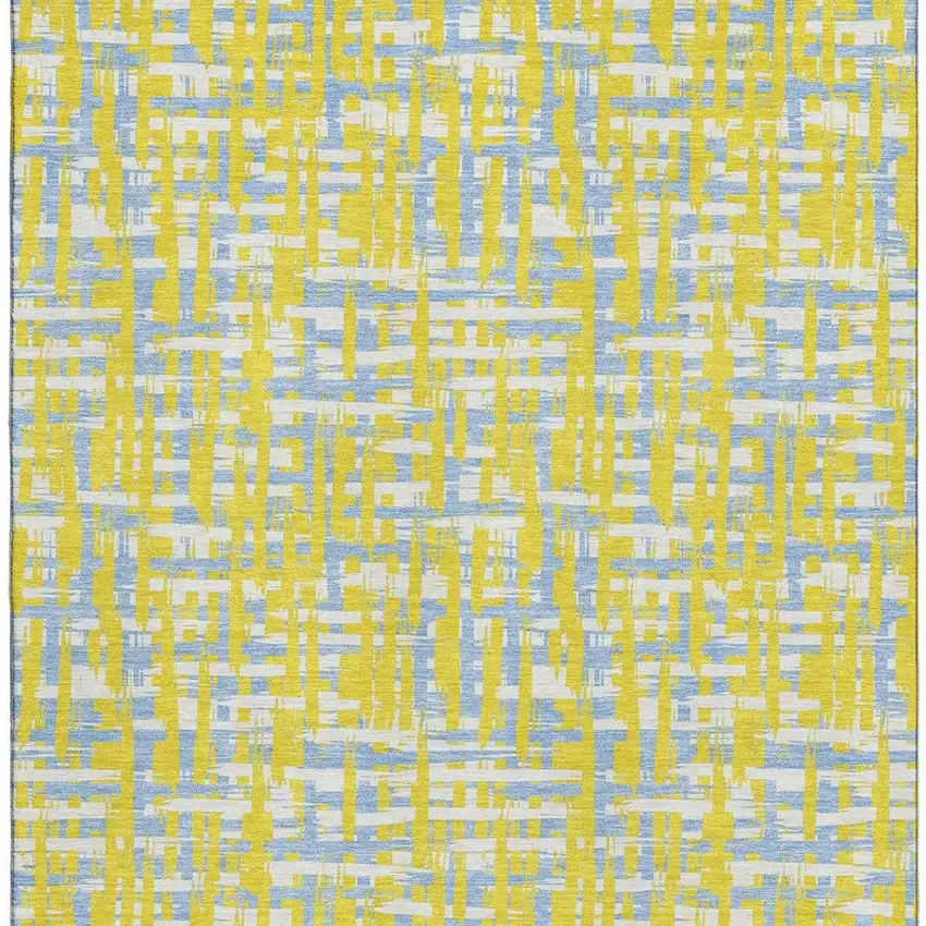 Yellow Ivory And Denim Blue Abstract Geometric Washable Area Rug With UV Protection Photo 3