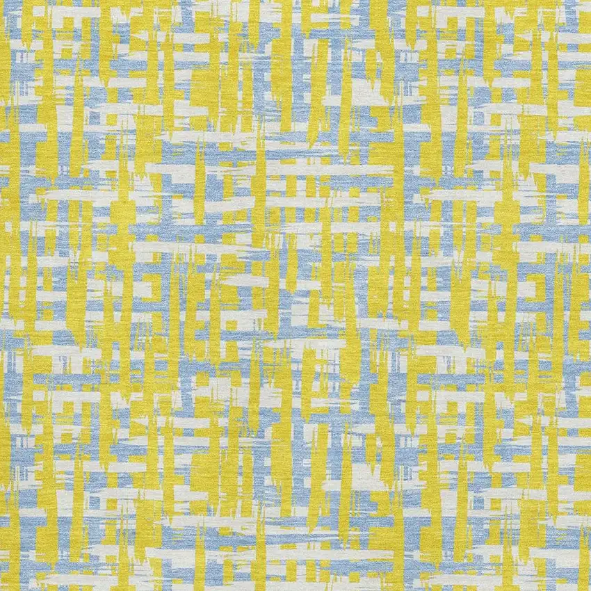 Yellow Ivory And Denim Blue Abstract Geometric Washable Area Rug With UV Protection Photo 2
