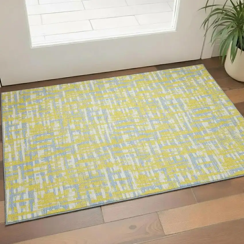 Yellow Ivory And Denim Blue Abstract Geometric Washable Area Rug With UV Protection Photo 2
