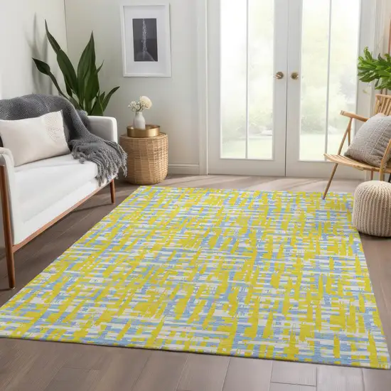 Yellow Ivory And Denim Blue Abstract Geometric Washable Area Rug With UV Protection Photo 5