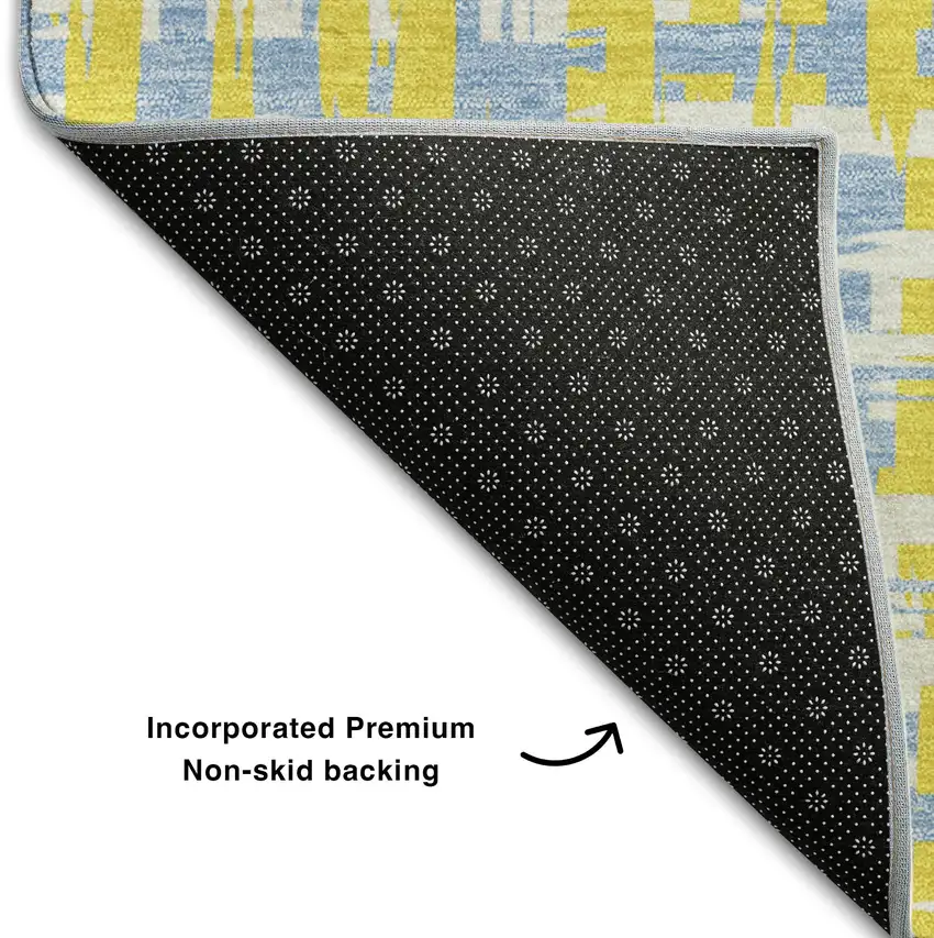 Yellow Ivory And Denim Blue Abstract Geometric Washable Area Rug With UV Protection Photo 6