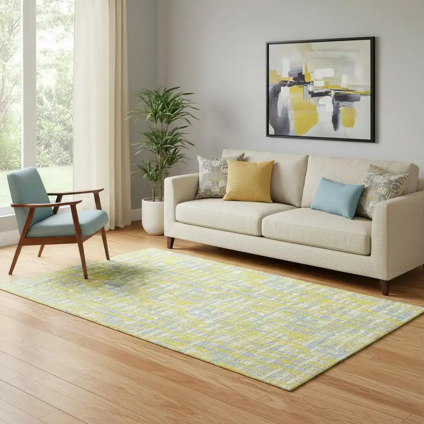 Yellow Ivory And Denim Blue Abstract Geometric Washable Area Rug With UV Protection Photo 2