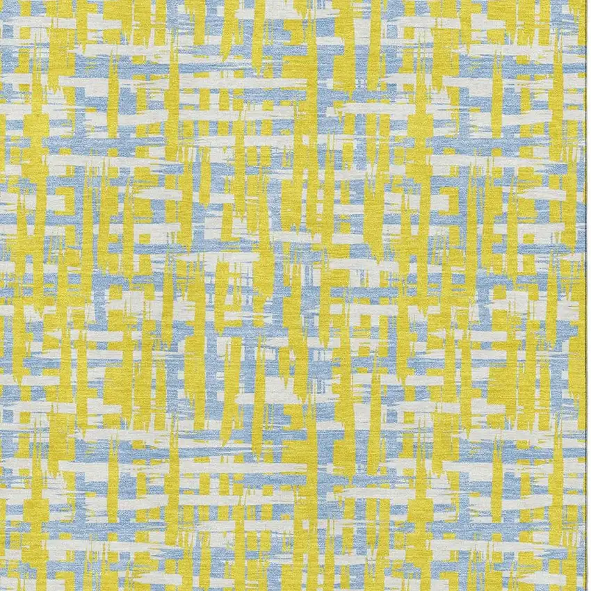 Yellow Ivory And Denim Blue Abstract Geometric Washable Area Rug With UV Protection Photo 2