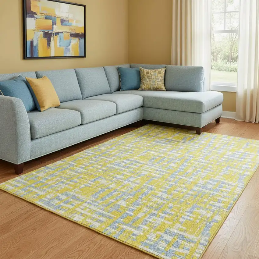 Yellow Ivory And Denim Blue Abstract Geometric Washable Area Rug With UV Protection Photo 2