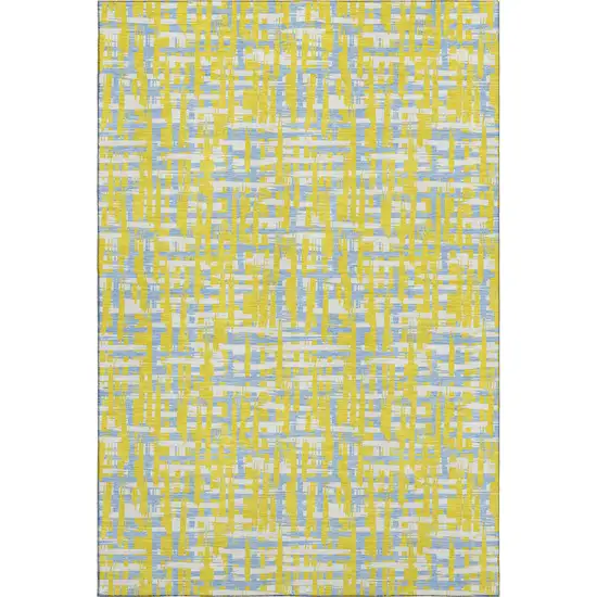 Yellow Ivory And Denim Blue Abstract Geometric Washable Area Rug With UV Protection Photo 1