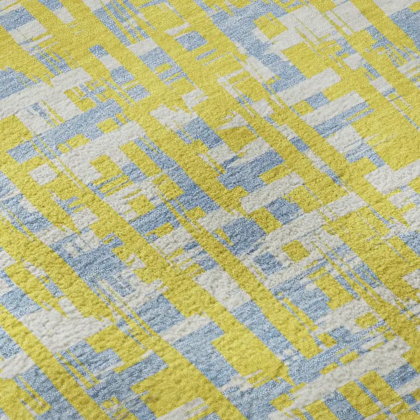 Yellow Ivory And Denim Blue Abstract Geometric Washable Area Rug With UV Protection Photo 9