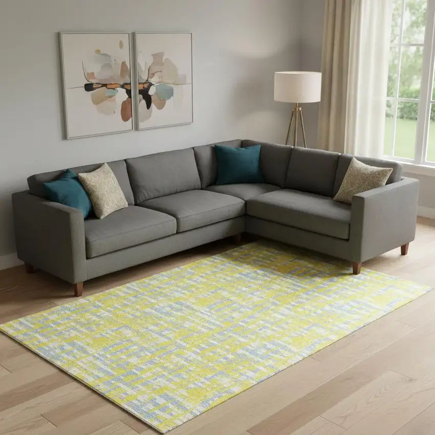 Yellow Ivory And Denim Blue Abstract Geometric Washable Area Rug With UV Protection Photo 2