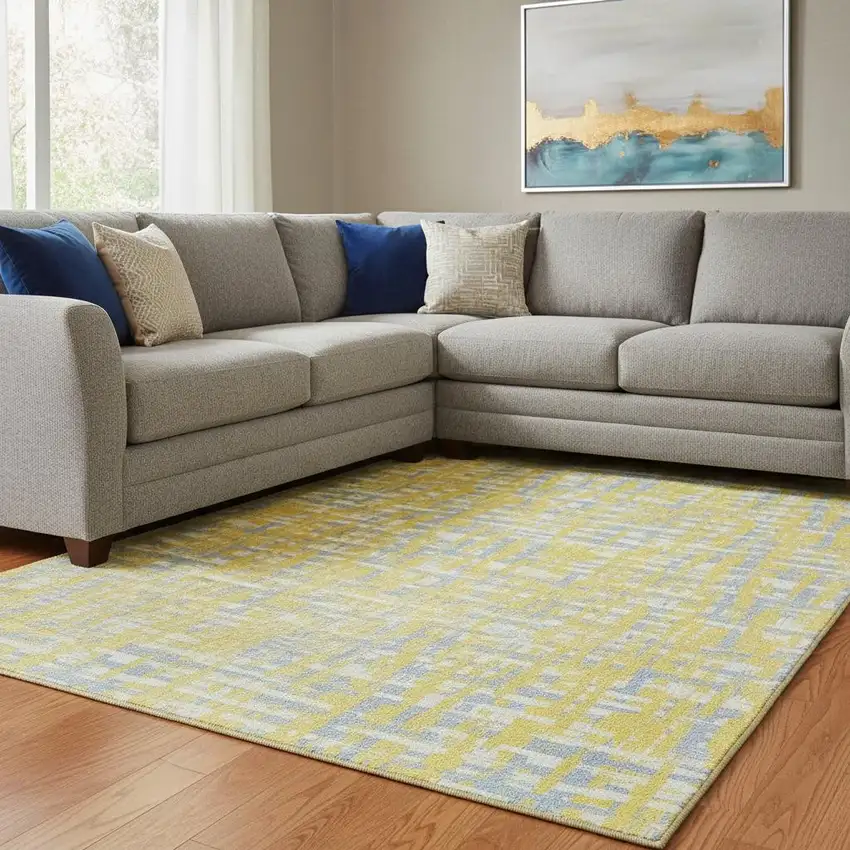 Yellow Ivory And Denim Blue Abstract Geometric Washable Area Rug With UV Protection Photo 2