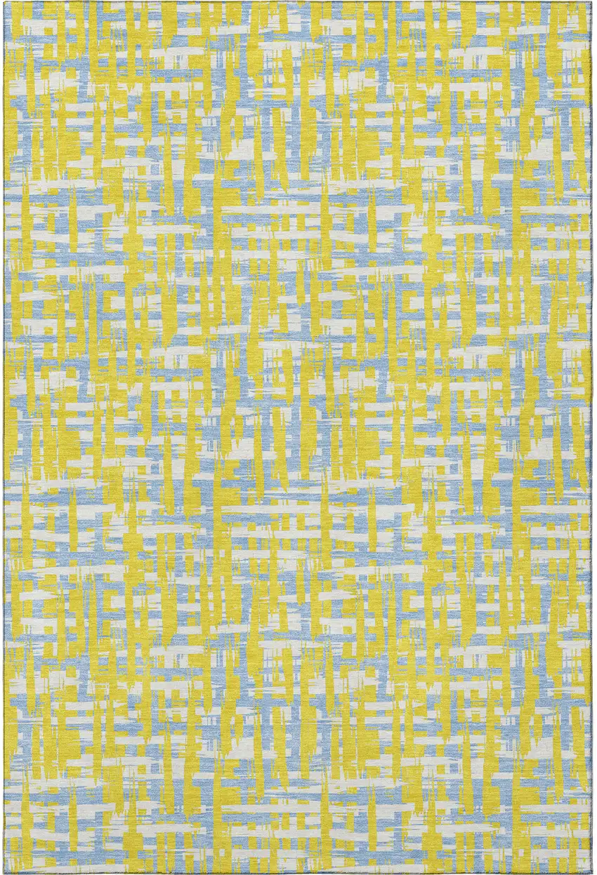 Yellow Ivory And Denim Blue Abstract Geometric Washable Area Rug With UV Protection Photo 3