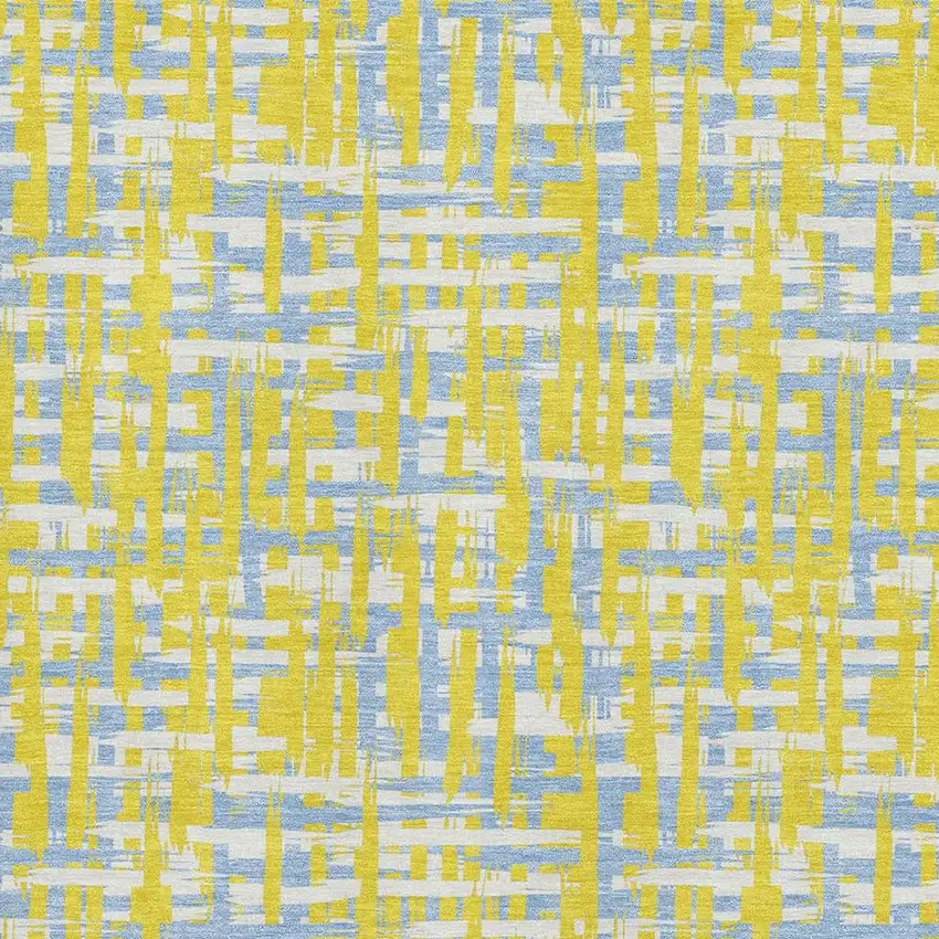 Yellow Ivory And Denim Blue Abstract Geometric Washable Area Rug With UV Protection Photo 2