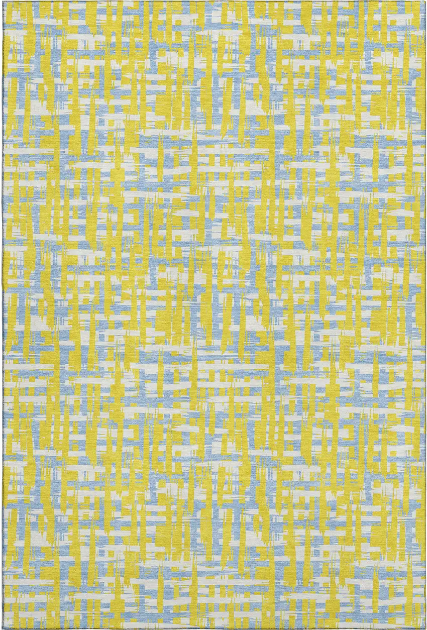 Yellow Ivory And Denim Blue Abstract Geometric Washable Area Rug With UV Protection Photo 1