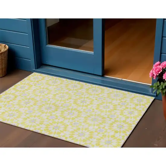 Yellow Ivory And Gray Floral Medallion Washable Indoor Outdoor Area Rug Photo 1