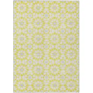 Photo of Yellow Ivory And Gray Floral Medallion Washable Indoor Outdoor Area Rug