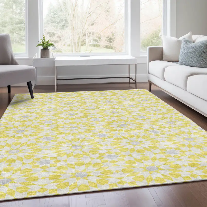 Yellow Ivory And Gray Floral Medallion Washable Indoor Outdoor Area Rug Photo 8