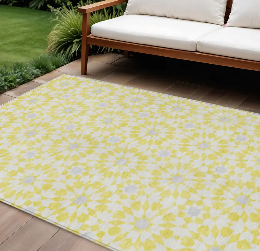 Yellow Ivory And Gray Floral Medallion Washable Indoor Outdoor Area Rug Photo 1