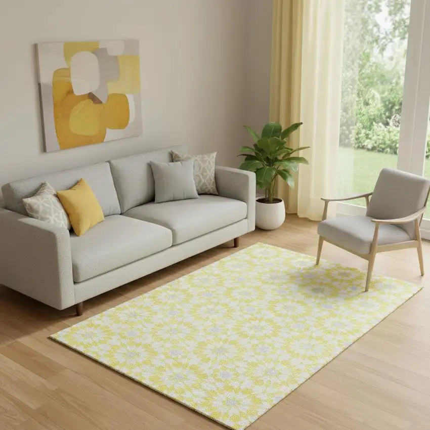 Yellow Ivory And Gray Geometric Washable Area Rug With UV Protection Photo 1