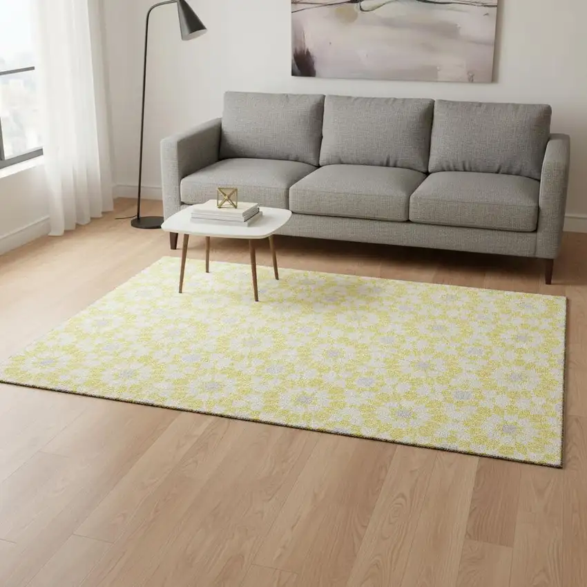 Yellow Ivory And Gray Geometric Washable Area Rug With UV Protection Photo 2