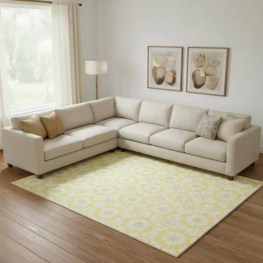 Yellow Ivory And Gray Geometric Washable Area Rug With UV Protection Photo 1